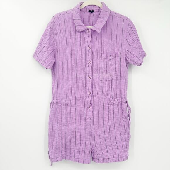 Monrow Womens Boho Pinstripe Gauzy Cotton Collared Shirt Romper Size L Lavender‎ - Picture 2 of 8